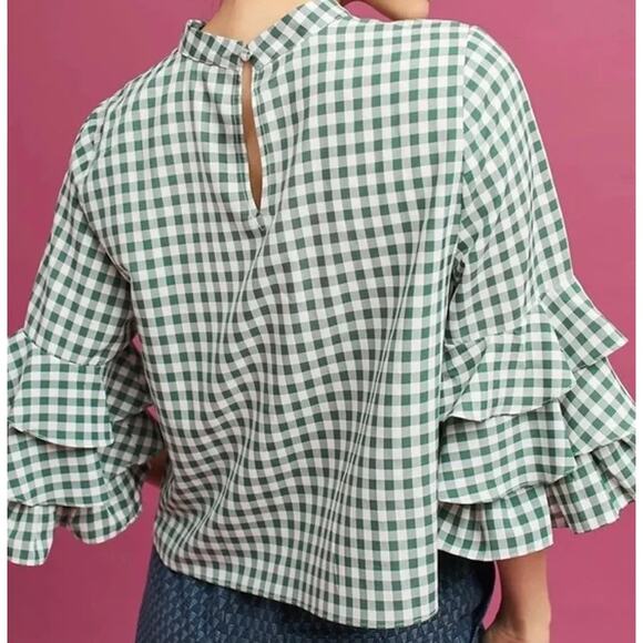Anthropologie Sunday in Brooklyn 3/4 Sleeve Ruffled Checked Top Green Size Large - Picture 3 of 11